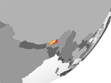 Bhutan katıştırılmış bayrak ile gri siyasi dünya üzerinde. 3D çizim.
