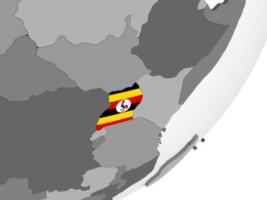 Uganda katıştırılmış bayrak ile gri siyasi dünya üzerinde. 3D çizim.