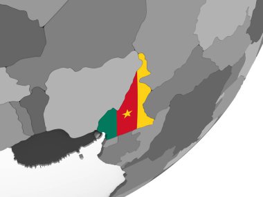 Kamerun katıştırılmış bayrak ile gri siyasi dünya üzerinde. 3D çizim.