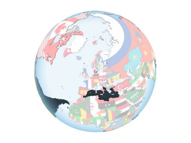 Danimarka katıştırılmış bayrak ile parlak siyasi dünya üzerinde. 3d illüstrasyon izole beyaz arka plan üzerinde.