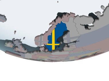 İsveç katıştırılmış bayrak ile siyasi dünya üzerinde. 3D çizim.