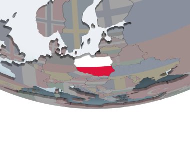Polonya katıştırılmış bayrak ile siyasi dünya üzerinde. 3D çizim.