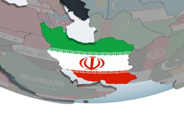 Iran katıştırılmış bayrak ile siyasi dünya üzerinde. 3D çizim.