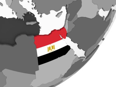 Mısır katıştırılmış bayrak ile gri siyasi dünya üzerinde. 3D çizim.