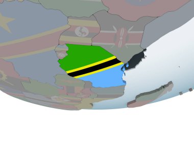 Tanzanya katıştırılmış bayrak ile siyasi dünya üzerinde. 3D çizim.