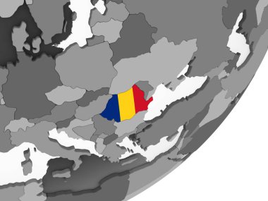 Romanya katıştırılmış bayrak ile gri siyasi dünya üzerinde. 3D çizim.