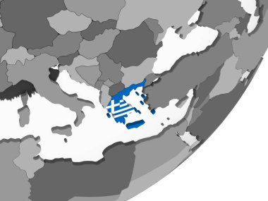 Yunanistan katıştırılmış bayrak ile gri siyasi dünya üzerinde. 3D çizim.