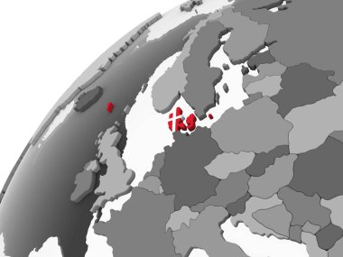 Danimarka katıştırılmış bayrak ile gri siyasi dünya üzerinde. 3D çizim.