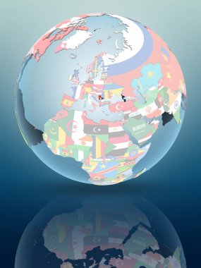 Sırbistan parlak yüzeye yansıtan siyasi dünya üzerinde. 3D çizim.