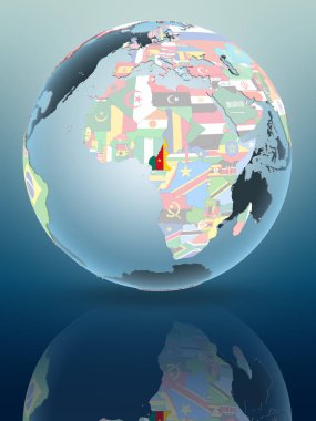 Kamerun hakkında siyasi küre parlak yüzeye yansıtan. 3D çizim.