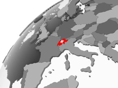 İsviçre katıştırılmış bayrak ile gri siyasi dünya üzerinde. 3D çizim.