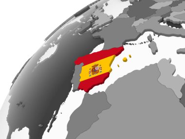 İspanya katıştırılmış bayrak ile gri siyasi dünya üzerinde. 3D çizim.