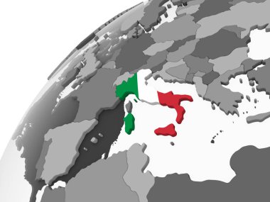 İtalya katıştırılmış bayrak ile gri siyasi dünya üzerinde. 3D çizim.