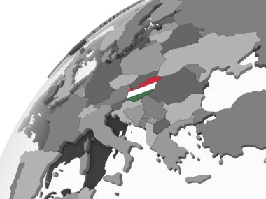 Macaristan katıştırılmış bayrak ile gri siyasi dünya üzerinde. 3D çizim.