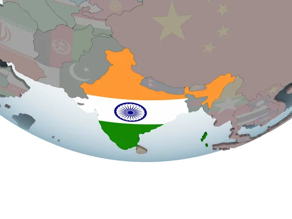 India Sul Globo Politico Con Bandiera Incorporata Illustrazione — Foto Stock