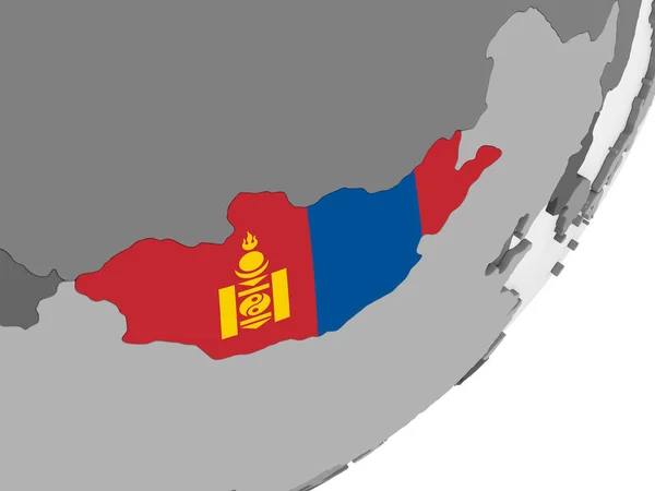 蒙古在灰色政治地球仪与嵌入的旗子 — 图库照片