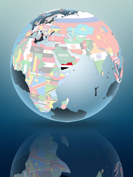Yemen on political globe reflecting on shiny surface. 3D illustration.