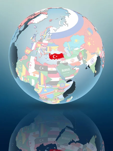 Турция Политическом Глобусе Размышляет Блестящей Поверхности Иллюстрация — стоковое фото
