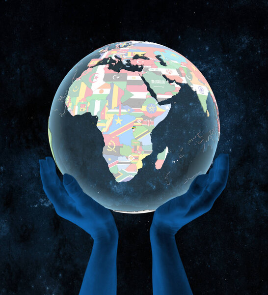 Rwanda on translucent political globe in hands in space. 3D illustration.