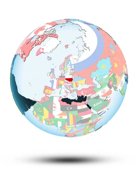 Польша Политическом Глобусе Тенью Изолированы Белом Фоне Иллюстрация — стоковое фото