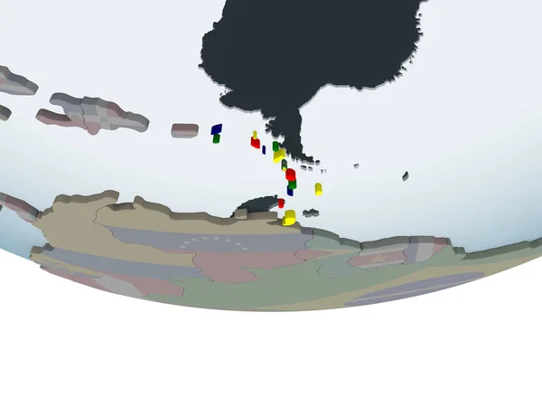 Caribbean on political globe with embedded flag. 3D illustration.
