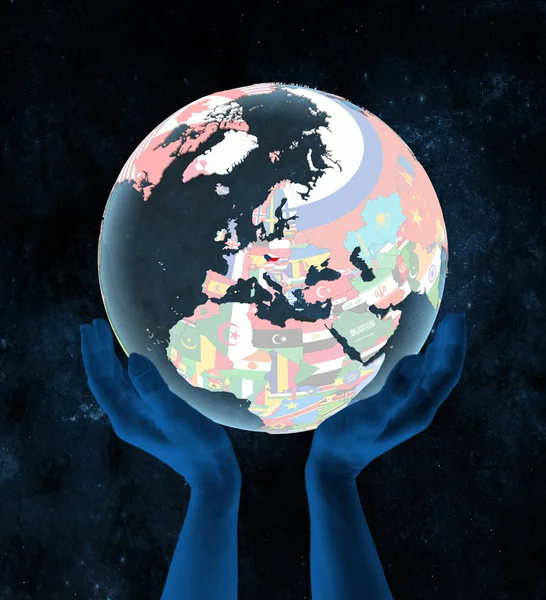 Czech republic on translucent political globe in hands in space. 3D illustration.
