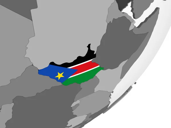 Sudão Sul Mundo Político Cinzento Com Bandeira Embutida Ilustração — Fotografia de Stock