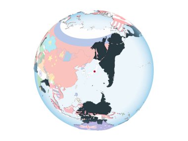 Japonya ile parlak siyasi dünya üzerinde bayrak gömülü. 3d illüstrasyon izole beyaz arka plan üzerinde.