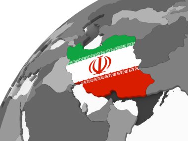 Iran katıştırılmış bayrak ile gri siyasi dünya üzerinde. 3D çizim.