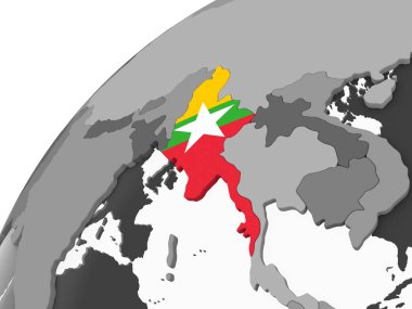 Myanmar katıştırılmış bayrak ile gri siyasi dünya üzerinde. 3D çizim.