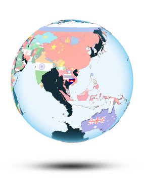 Kamboçya beyaz arka plan üzerinde izole gölge ile siyasi dünya üzerinde. 3D çizim.