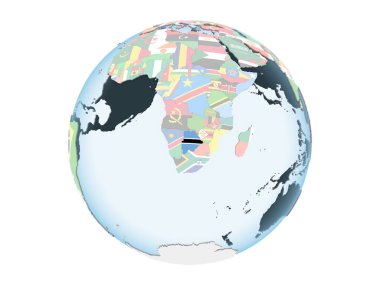 Botsvana katıştırılmış bayrak ile parlak siyasi dünya üzerinde. 3d illüstrasyon izole beyaz arka plan üzerinde.