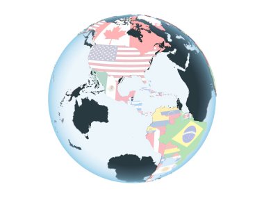 Belize katıştırılmış bayrak ile parlak siyasi dünya üzerinde. 3d illüstrasyon izole beyaz arka plan üzerinde.