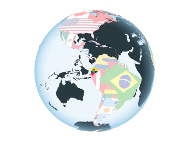 Ekvador katıştırılmış bayrak ile parlak siyasi dünya üzerinde. 3d illüstrasyon izole beyaz arka plan üzerinde.