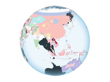 Laos katıştırılmış bayrak ile parlak siyasi dünya üzerinde. 3d illüstrasyon izole beyaz arka plan üzerinde.