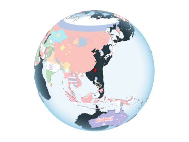 Tayvan katıştırılmış bayrak ile parlak siyasi dünya üzerinde. 3d illüstrasyon izole beyaz arka plan üzerinde.