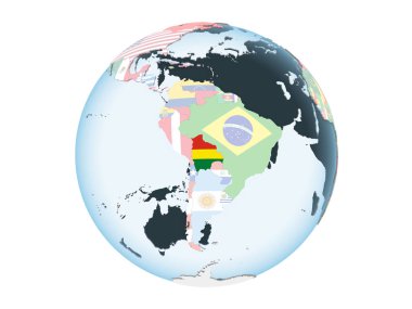 Bolivya katıştırılmış bayrak ile parlak siyasi dünya üzerinde. 3d illüstrasyon izole beyaz arka plan üzerinde.