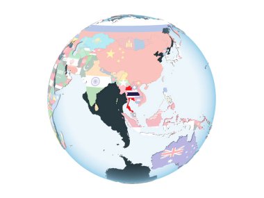 Tayland katıştırılmış bayrak ile parlak siyasi dünya üzerinde. 3d illüstrasyon izole beyaz arka plan üzerinde.