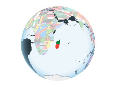 Madagaskar katıştırılmış bayrak ile parlak siyasi dünya üzerinde. 3d illüstrasyon izole beyaz arka plan üzerinde.