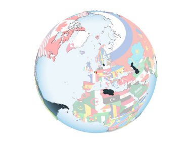 Belçika katıştırılmış bayrak ile parlak siyasi dünya üzerinde. 3d illüstrasyon izole beyaz arka plan üzerinde.