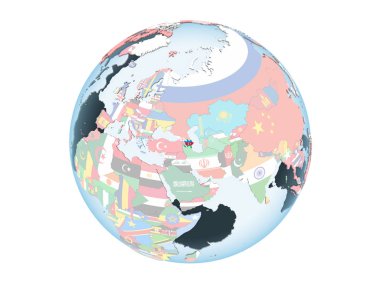 Azerbaycan katıştırılmış bayrak ile parlak siyasi dünya üzerinde. 3d illüstrasyon izole beyaz arka plan üzerinde.