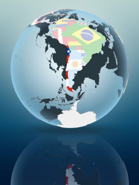 Siyasi küre parlak yüzeye yansıtan Şili. 3D çizim.