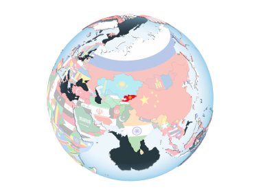 Kırgızistan katıştırılmış bayrak ile parlak siyasi dünya üzerinde. 3d illüstrasyon izole beyaz arka plan üzerinde.