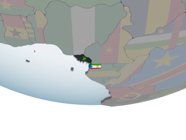 Ekvator Ginesi katıştırılmış bayrak ile siyasi dünya üzerinde. 3D çizim.