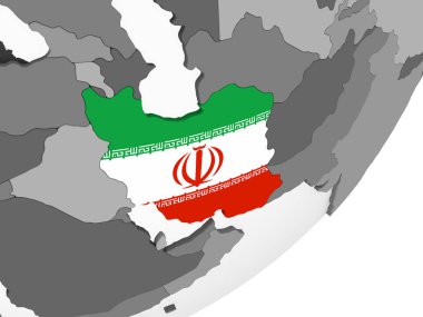 Iran katıştırılmış bayrak ile gri siyasi dünya üzerinde. 3D çizim.