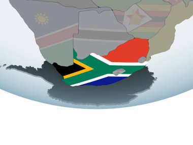 Güney Afrika katıştırılmış bayrak ile siyasi dünya üzerinde. 3D çizim.