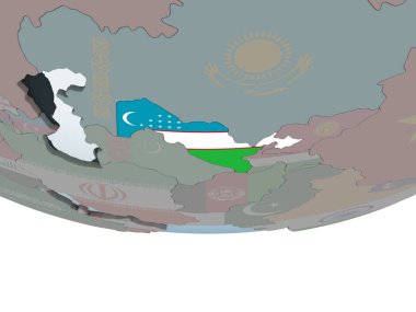 Özbekistan katıştırılmış bayrak ile siyasi dünya üzerinde. 3D çizim.