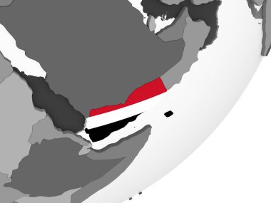 Yemen katıştırılmış bayrak ile gri siyasi dünya üzerinde. 3D çizim.