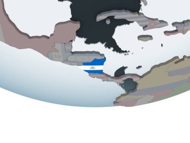 Nikaragua katıştırılmış bayrak ile siyasi dünya üzerinde. 3D çizim.