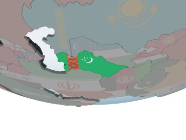 Türkmenistan katıştırılmış bayrak ile siyasi dünya üzerinde. 3D çizim.